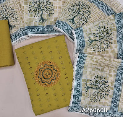 Mehandhi Yellow pure cotton unstitched salwar material (lining needed) ajrak patch, real mirror work on yoke, schiffli work allover matching cotton bottom, hand block printed, ajrak patch work on kota cotton dupatta with lace taping. JA260608