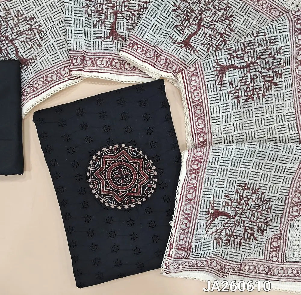 Black pure cotton unstitched salwar material (lining needed) ajrak patch, real mirror work on yoke, schiffli work allover matching cotton bottom, hand block printed, ajrak patch work on kota cotton dupatta with lace taping. JA260610