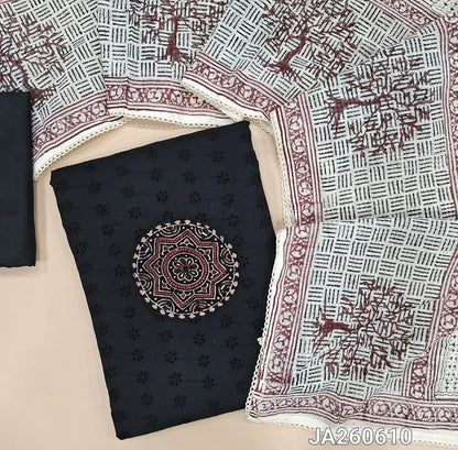 Black pure cotton unstitched salwar material (lining needed) ajrak patch, real mirror work on yoke, schiffli work allover matching cotton bottom, hand block printed, ajrak patch work on kota cotton dupatta with lace taping. JA260610