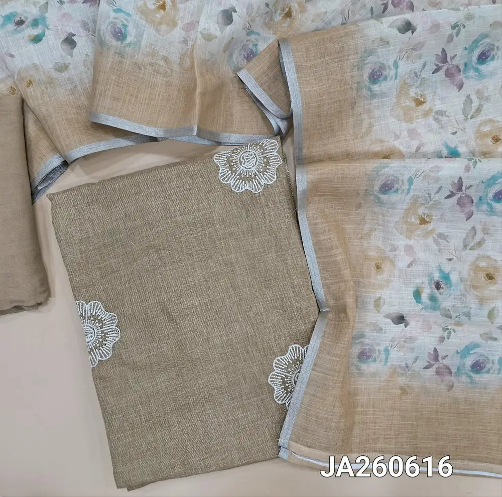 Rich Beige semi linen unstitched salwar material (lining needed) embroidery work on front, matching santoon bottom,  floral printed semi linen dupatta with silver zari borders. JA260616