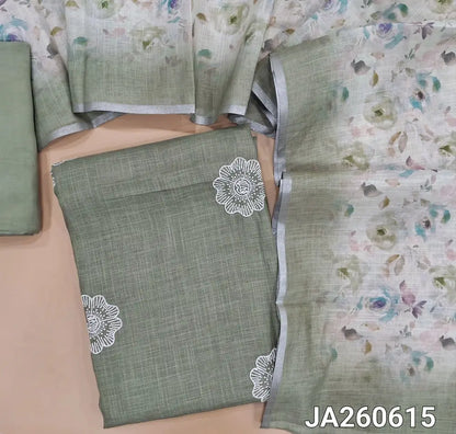Cement Green semi linen unstitched salwar material (lining needed) embroidery work on front, matching santoon bottom,  floral printed semi linen dupatta with silver zari borders. JA260615