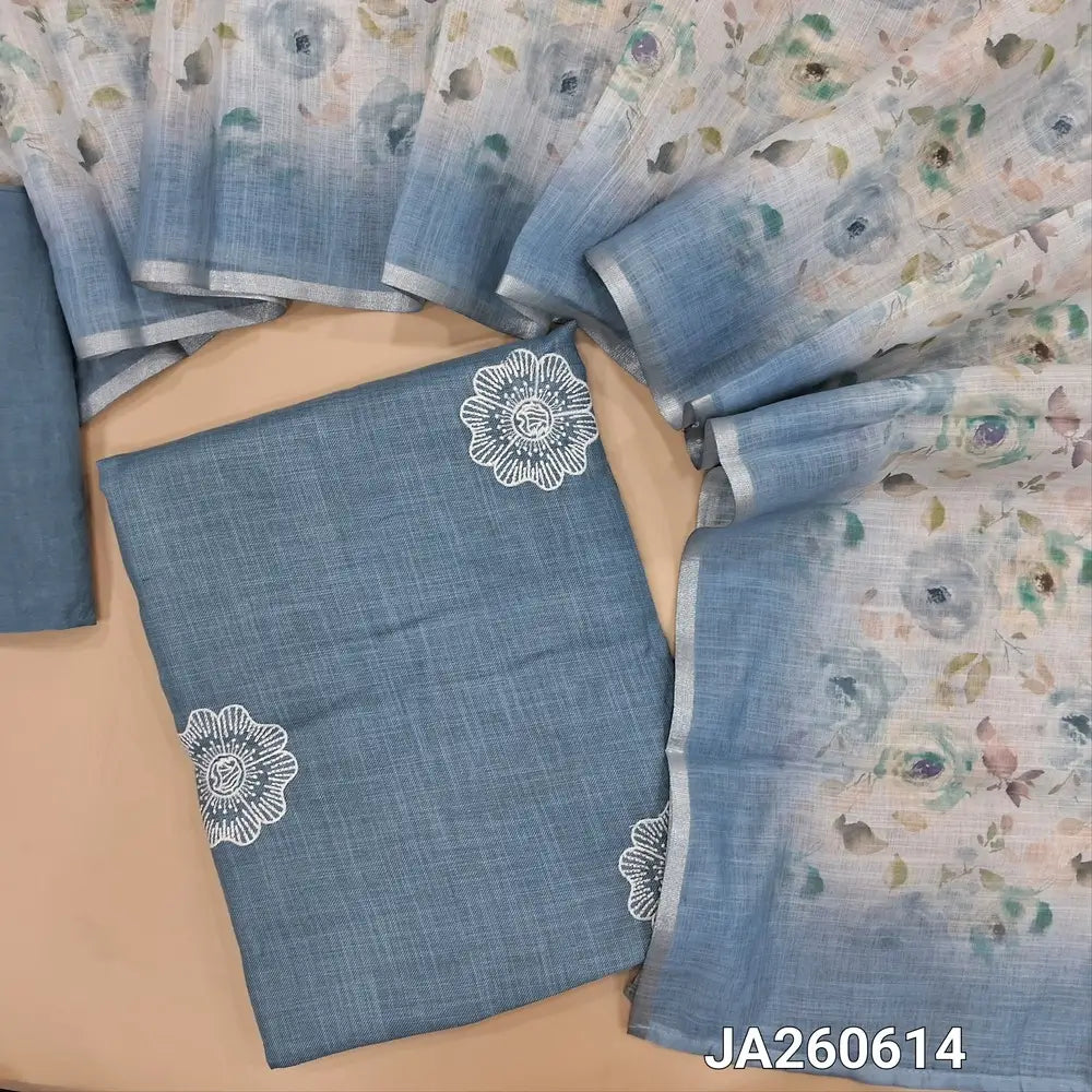 Blueish Grey semi linen unstitched salwar material (lining needed) embroidery work on front, matching santoon bottom,  floral printed semi linen dupatta with silver zari borders. JA260614