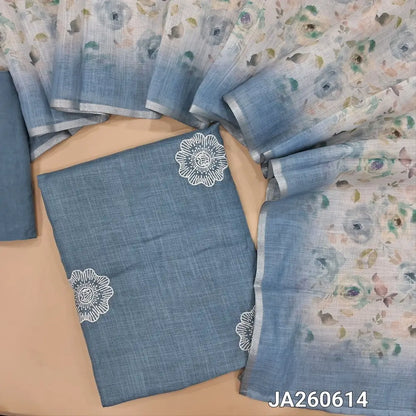 Blueish Grey semi linen unstitched salwar material (lining needed) embroidery work on front, matching santoon bottom,  floral printed semi linen dupatta with silver zari borders. JA260614