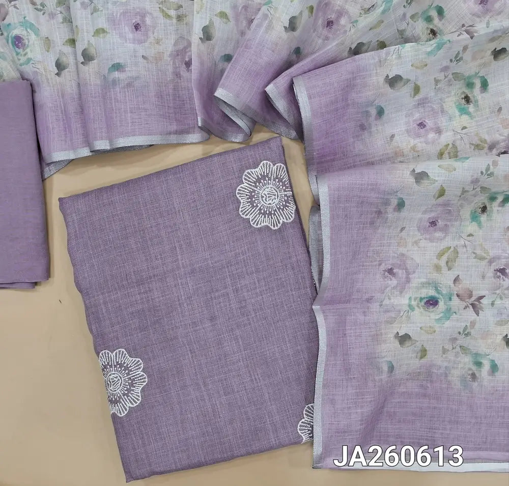 Light Purple semi linen unstitched salwar material (lining needed) embroidery work on front, matching santoon bottom,  floral printed semi linen dupatta with silver zari borders. JA260613