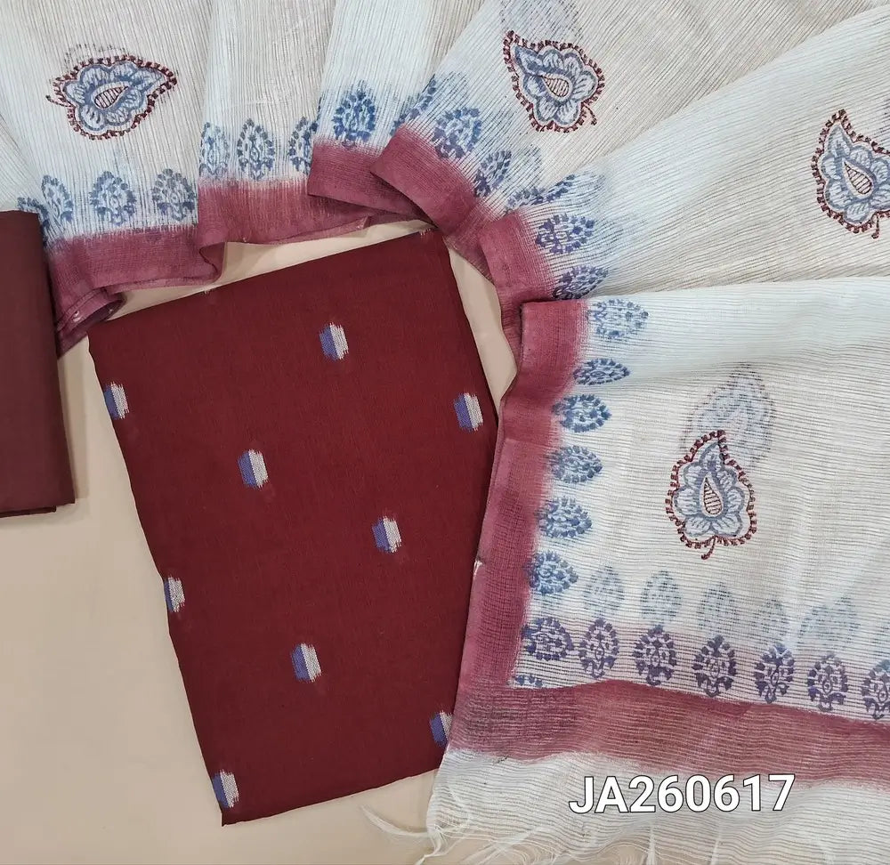 Dark Maroon handloom cotton unstitched salwar material (lining needed) thread woven buttas on front, matching cotton lining provided, NO BOTTOM, block printed kota silk cotton dupatta. (TAPING NEEDED)JA260617