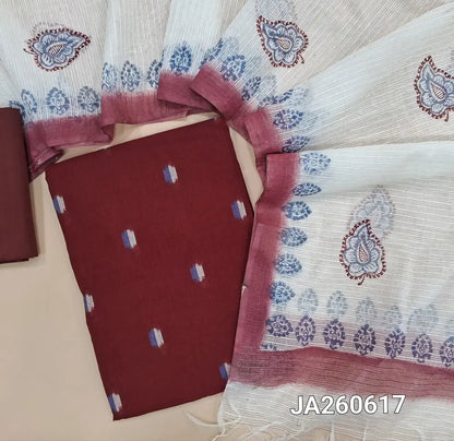 Dark Maroon handloom cotton unstitched salwar material (lining needed) thread woven buttas on front, matching cotton lining provided, NO BOTTOM, block printed kota silk cotton dupatta. (TAPING NEEDED)JA260617