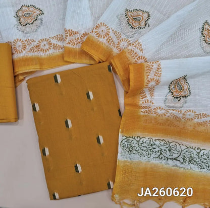 Mehandhi yellow handloom cotton unstitched salwar material (lining needed) thread woven buttas on front, matching cotton lining provided, NO BOTTOM, block printed kota silk cotton dupatta. (TAPING NEEDED)JA260620