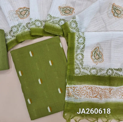 Light mossy Green handloom cotton unstitched salwar material (lining needed) thread woven buttas on front, matching cotton lining provided, NO BOTTOM, block printed kota silk cotton dupatta. (TAPING NEEDED)JA260618