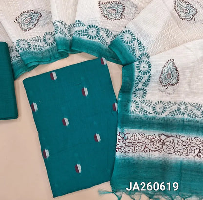 Teal Blue handloom cotton unstitched salwar material (lining needed) thread woven buttas on front, matching cotton lining provided, NO BOTTOM, block printed kota silk cotton dupatta. (TAPING NEEDED)JA260619