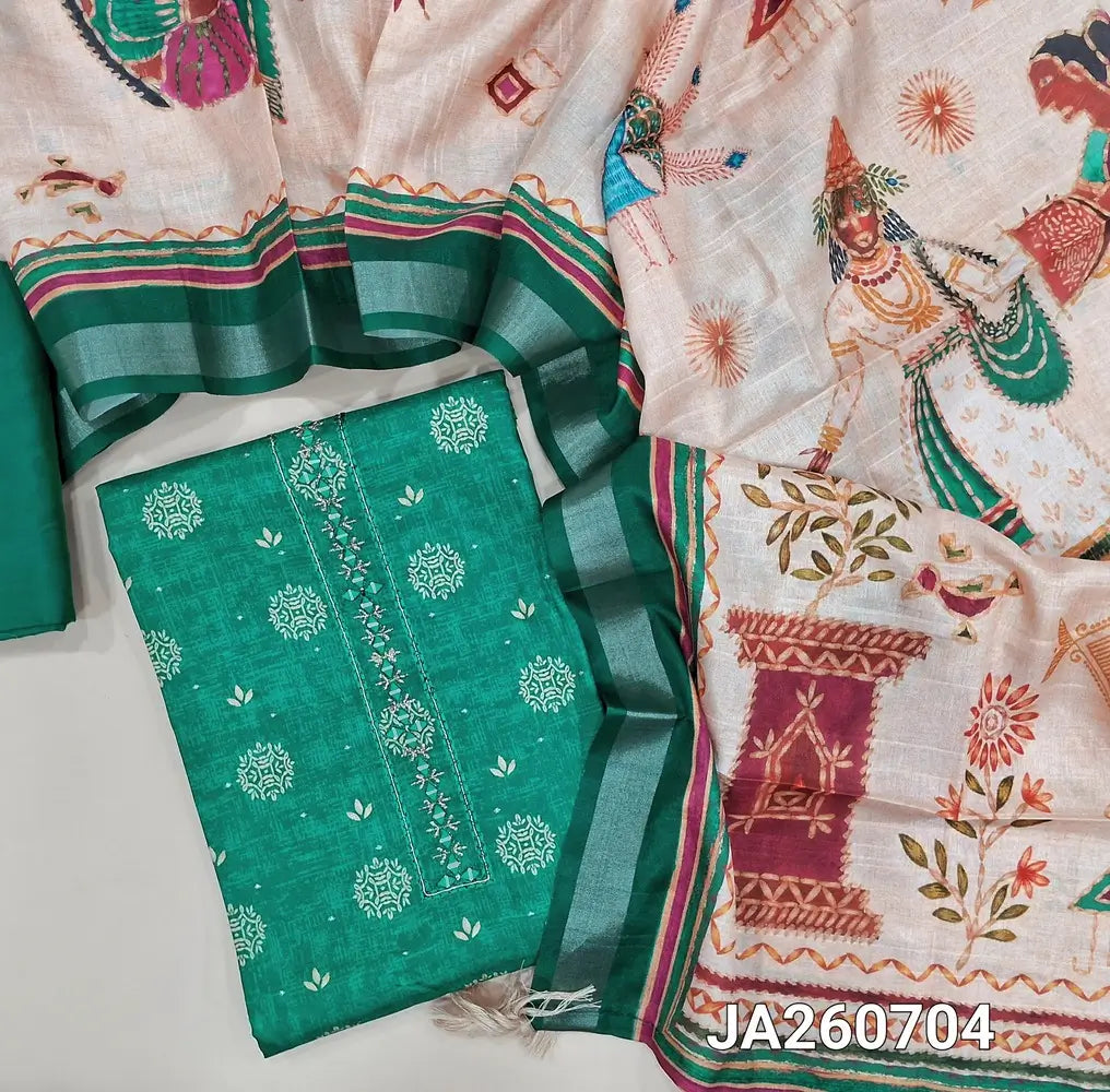 Digital printed turquoise Green silk cotton unstitched salwar material (lining needed) zari buttas allover, real mirror work on yoke, matching silk cotton bottom, digital printed silk cotton dupatta. JA260704