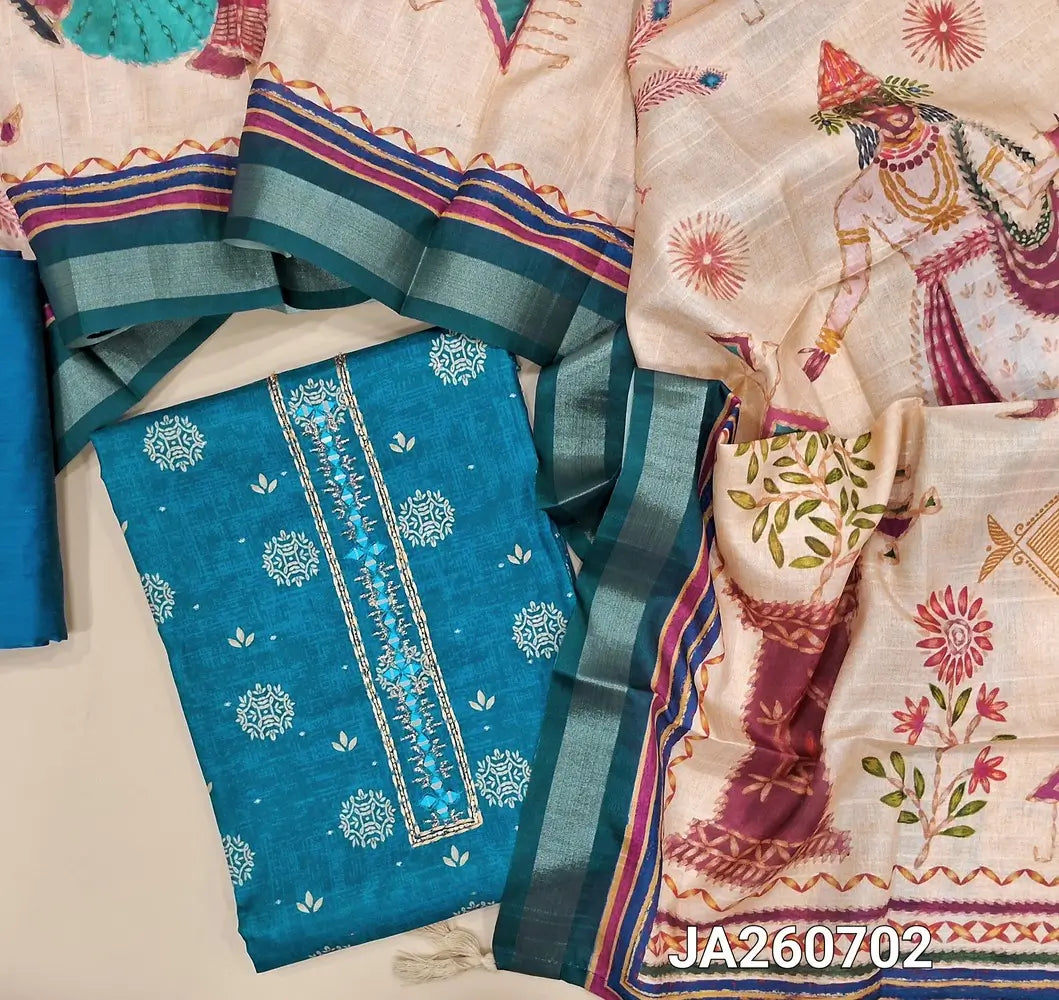 Digital printed Turquoise Blue silk cotton unstitched salwar material (lining needed) zari buttas allover, real mirror work on yoke, matching silk cotton bottom, digital printed silk cotton dupatta. JA260702