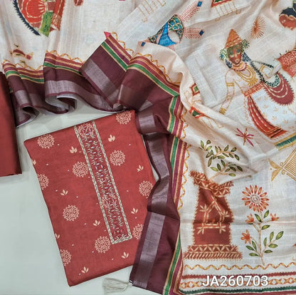 Digital printed Maroon silk cotton unstitched salwar material (lining needed) zari buttas allover, real mirror work on yoke, matching silk cotton bottom, digital printed silk cotton dupatta. JA260703