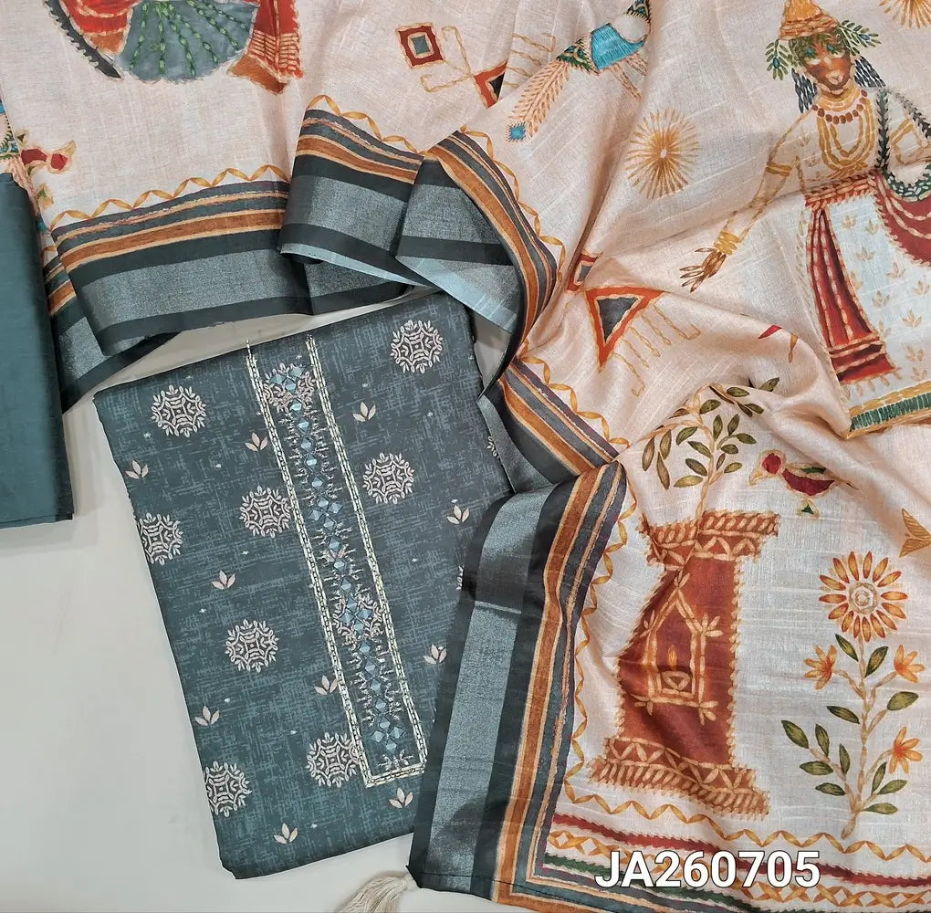 Digital printed Grey silk cotton unstitched salwar material (lining needed) zari buttas allover, real mirror work on yoke, matching silk cotton bottom, digital printed silk cotton dupatta. JA260705