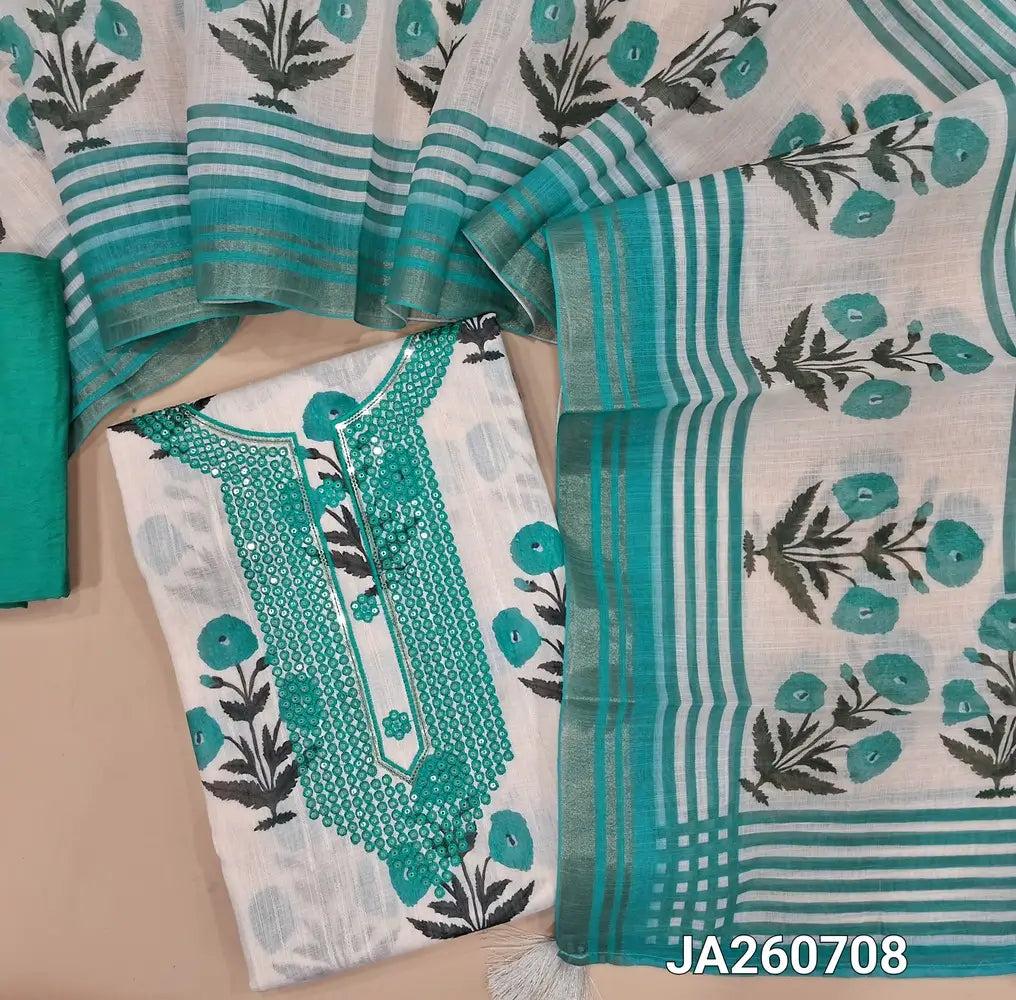 Floral Printed half White premium linen salwar material (textured, lining needed) tread & sequins work on yoke, turquoise blue floral printed allover,  turquoise blue silky bottom, stripes, floral printed linen dupatta with tissue borders. JA260708