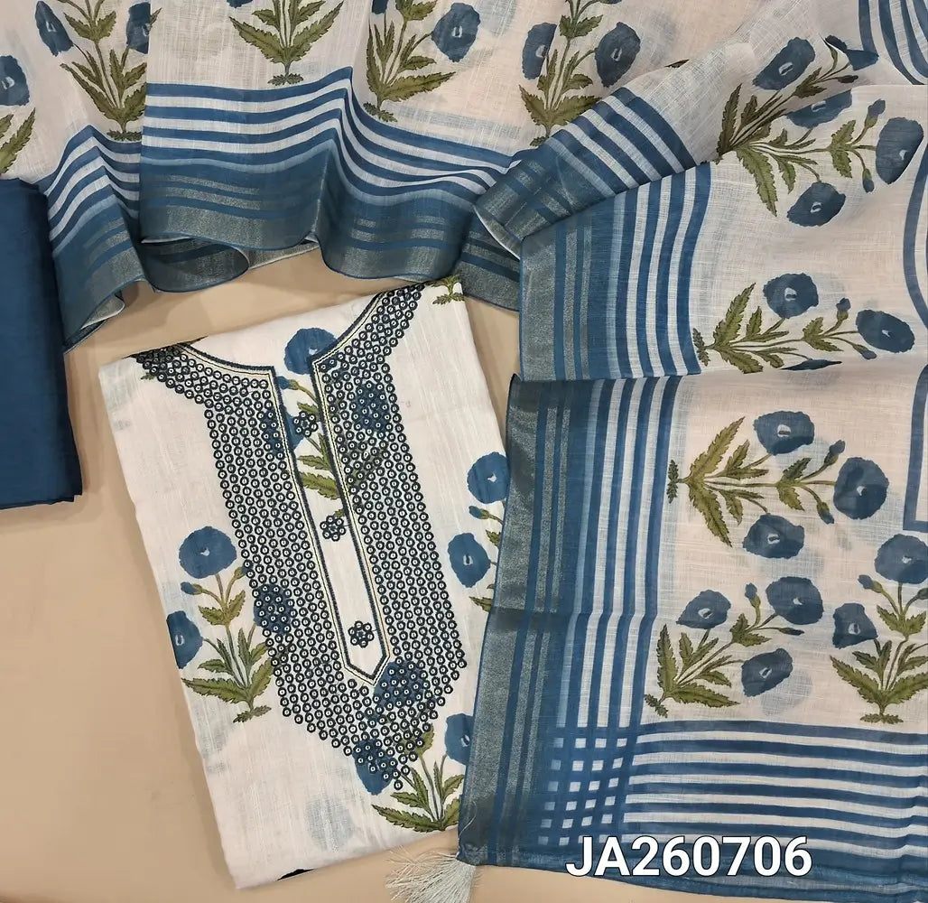 Floral Printed half White premium linen salwar material (textured, lining needed) tread & sequins work on yoke, maroon floral printed allover, dark blue silky bottom, stripes, floral printed linen dupatta with tissue borders. JA260706