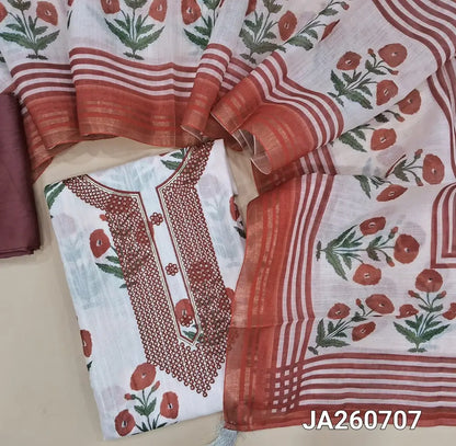 Floral Printed half White premium linen salwar material (textured, lining needed) tread & sequins work on yoke, maroon floral printed allover, dark maroon silky bottom, stripes, floral printed linen dupatta with tissue borders. JA260707