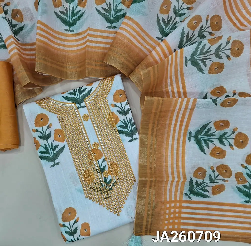 Floral Printed half White premium linen salwar material (textured, lining needed) tread & sequins work on yoke, yellow floral printed allover,  yellow silky bottom, stripes, floral printed linen dupatta with tissue borders. JA260709