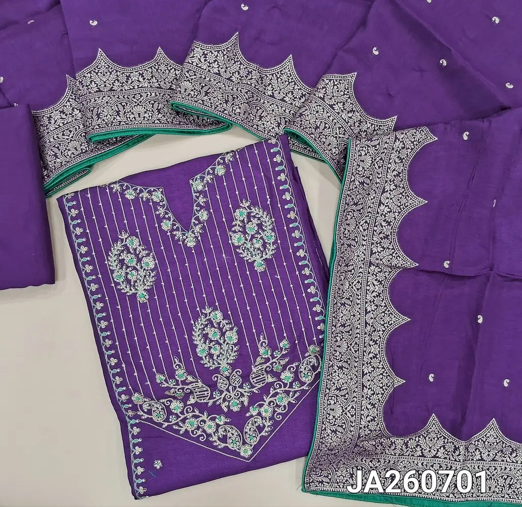 Designer violet pure dola silk unstitched salwar material (silky, lining needed) sequins, zari work on yoke & panel design, simple design on back , matching santoon bottom, zari buttas and  borders on dola silk dupatta. JA260701