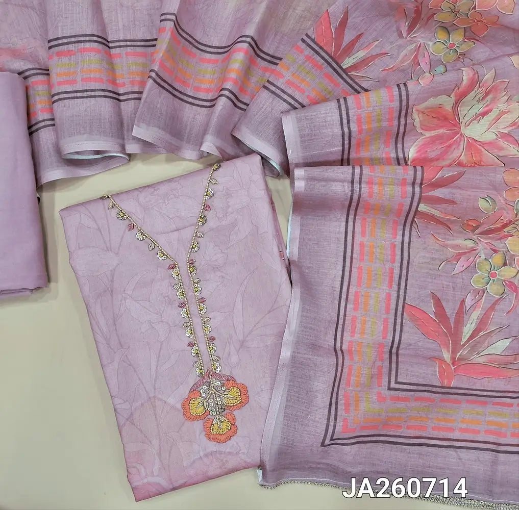 Digital printed Lavender premium linen unstitched salwar material (lining needed) floral print, bead work on yoke, floral print, sequins on daman, matching spun cotton bottom, floral printed semi linen dupatta. JA260714