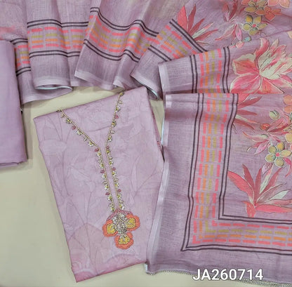 Digital printed Lavender premium linen unstitched salwar material (lining needed) floral print, bead work on yoke, floral print, sequins on daman, matching spun cotton bottom, floral printed semi linen dupatta. JA260714