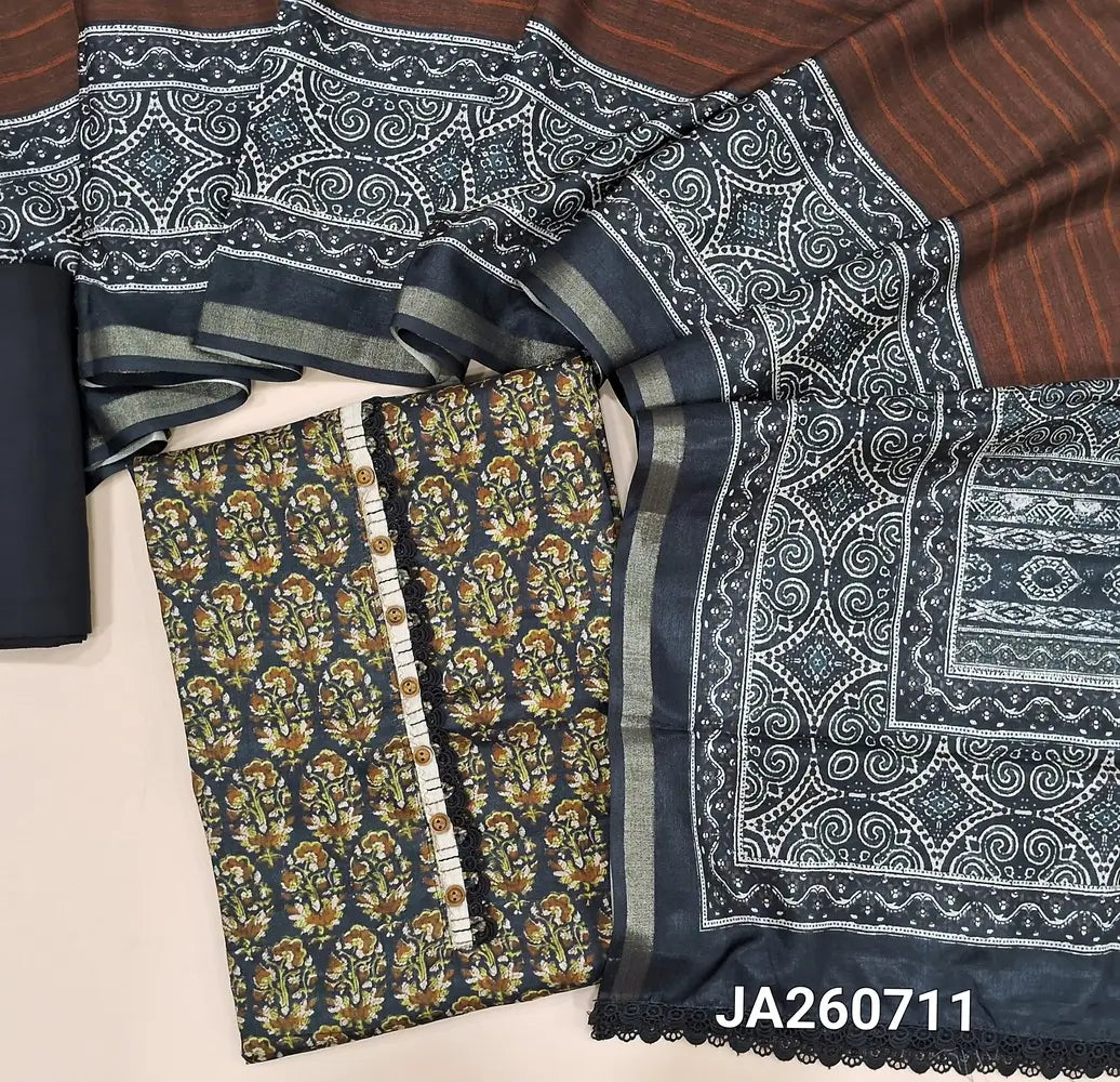 Printed Black semi tussar unstitched salwar material (lining needed) brown floral print allover, matching cotton bottom, printed dual shad semi tussar dupatta with lace tapings. JA260711
