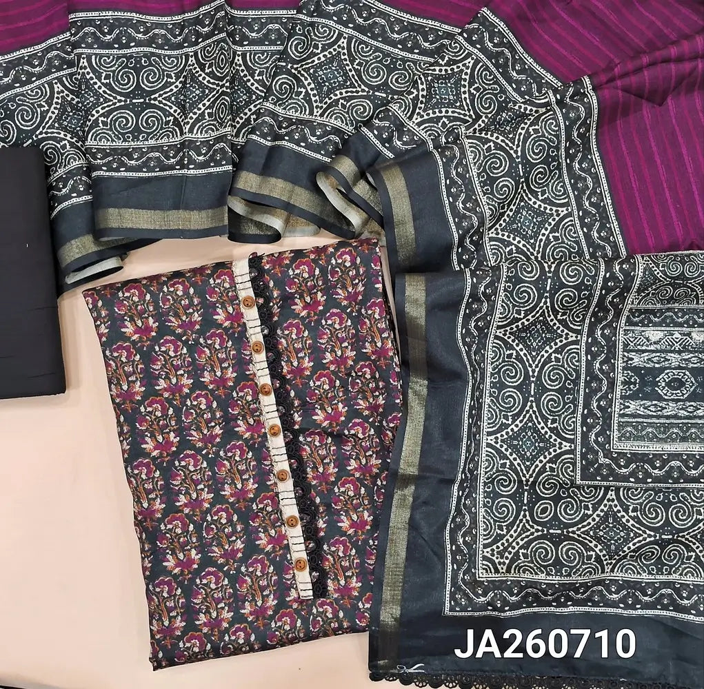 Printed Black semi tussar unstitched salwar material (lining needed) beetroot Purple floral print allover, matching cotton bottom, printed dual shad semi tussar dupatta with lace tapings. JA260710