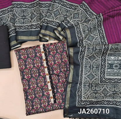 Printed Black semi tussar unstitched salwar material (lining needed) beetroot Purple floral print allover, matching cotton bottom, printed dual shad semi tussar dupatta with lace tapings. JA260710