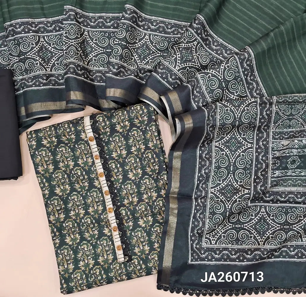 Printed Black semi tussar unstitched salwar material (lining needed) green floral print allover, matching cotton bottom, printed dual shad semi tussar dupatta with lace tapings. JA260713