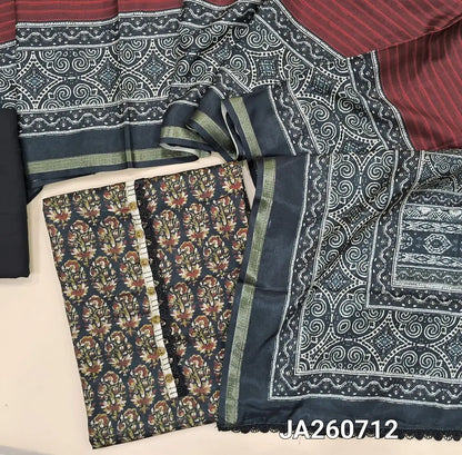 Printed Black semi tussar unstitched salwar material (lining needed) maroon floral print allover, matching cotton bottom, printed dual shad semi tussar dupatta with lace tapings. JA260712