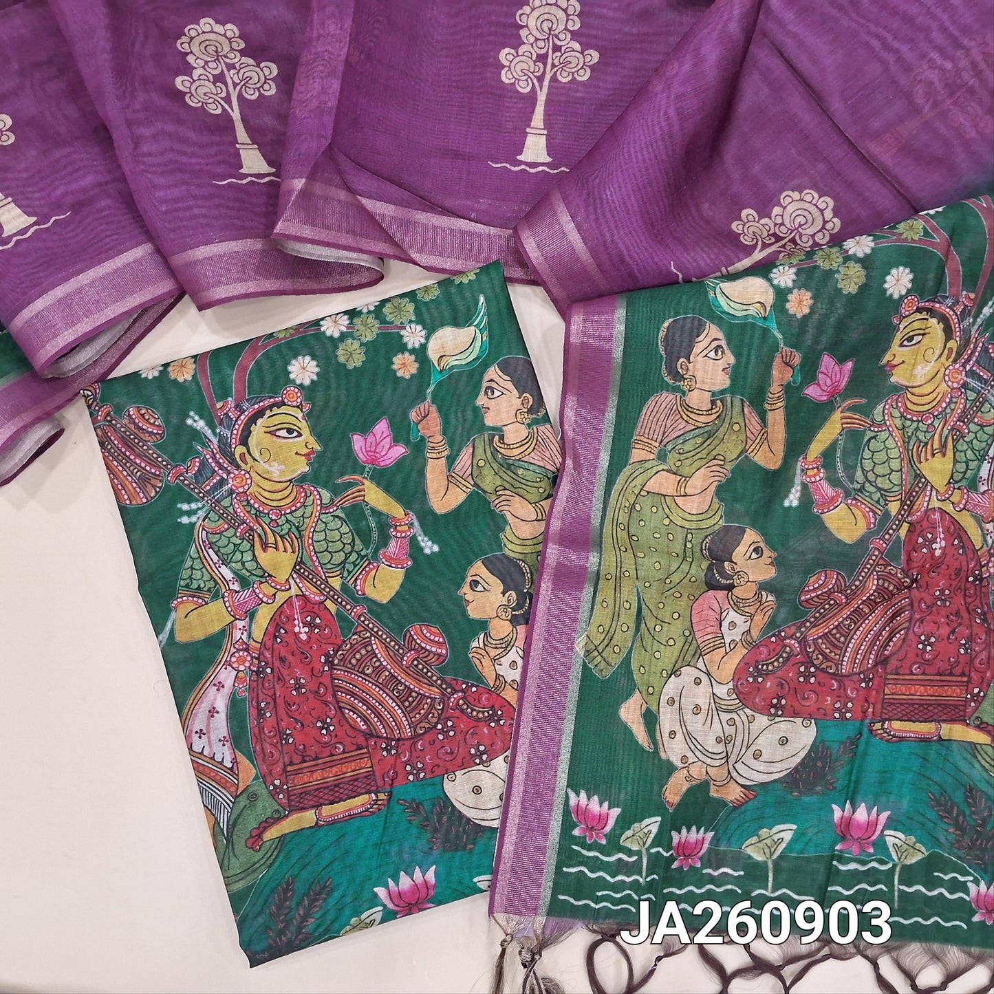 Digital printed Green premium soft silk cotton unstitched salwar material (light weight, lining needed) colorful print on daman, N BOTTOM, digital printed dual shade silk cotton dupatta( TAPING NEEDED).JA260903