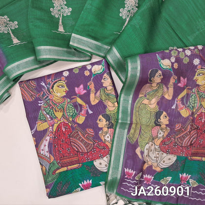 Digital printed Purple premium soft silk cotton unstitched salwar material (light weight, lining needed) colorful print on daman, N BOTTOM, digital printed dual shade silk cotton dupatta( TAPING NEEDED).JA260901