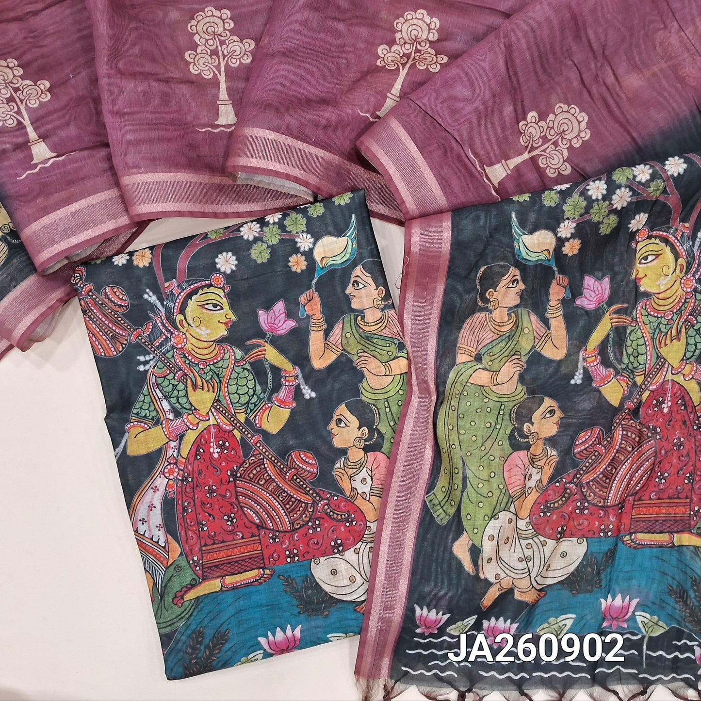 Digital printed Black premium soft silk cotton unstitched salwar material (light weight, lining needed) colorful print on daman, N BOTTOM, digital printed dual shade silk cotton dupatta( TAPING NEEDED).JA260902