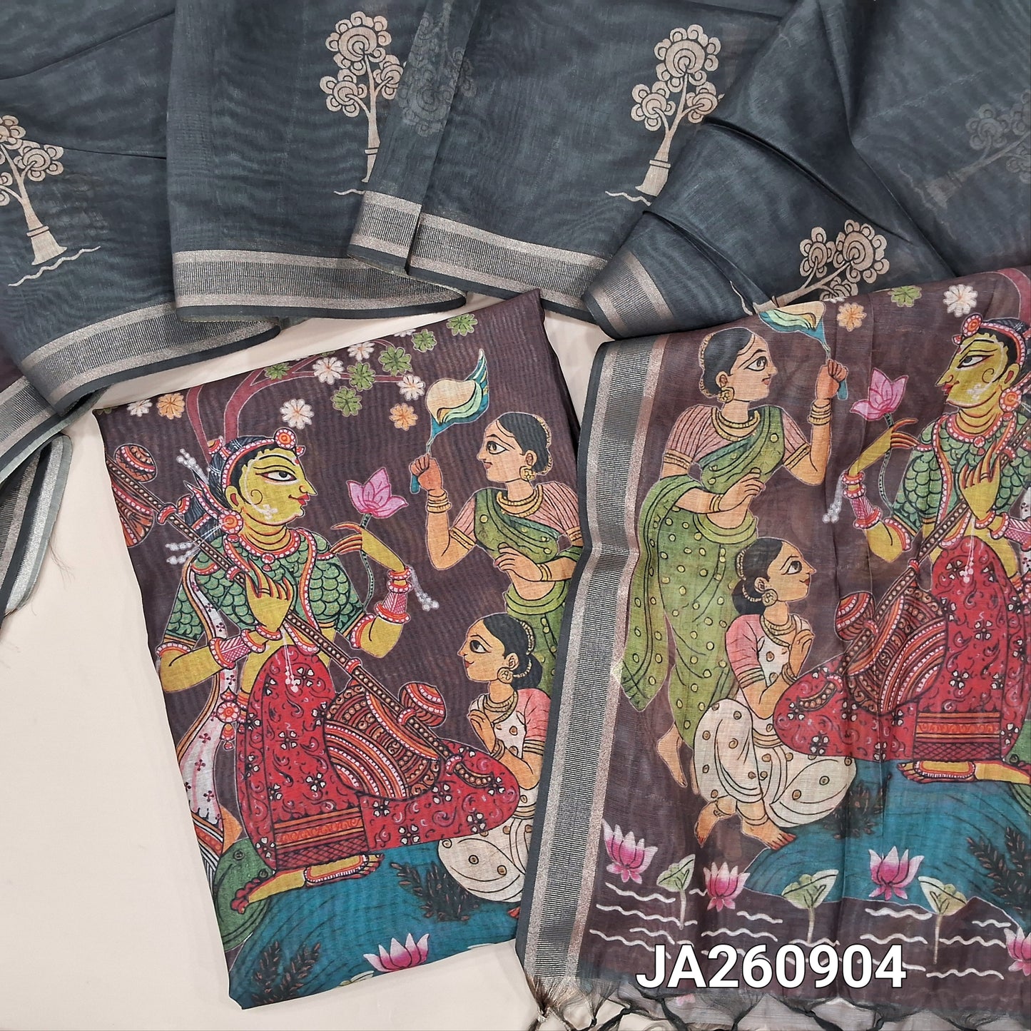 Digital printed Brown premium soft silk cotton unstitched salwar material (light weight, lining needed) colorful print on daman, N BOTTOM, digital printed dual shade silk cotton dupatta( TAPING NEEDED).JA260904