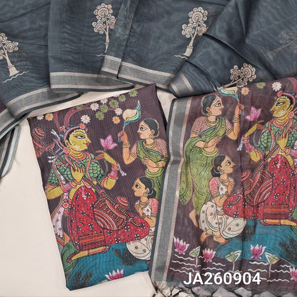 Digital printed Brown premium soft silk cotton unstitched salwar material (light weight, lining needed) colorful print on daman, N BOTTOM, digital printed dual shade silk cotton dupatta( TAPING NEEDED).JA260904