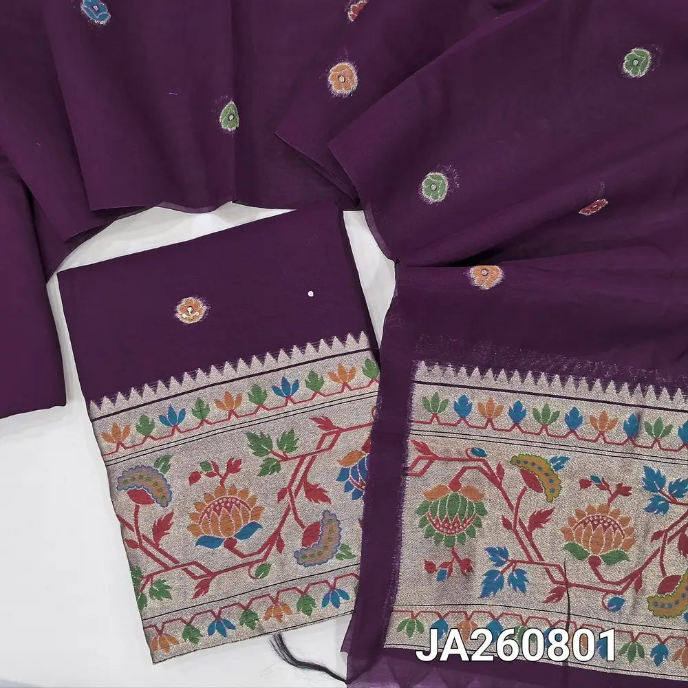 Designer beetroot Purple silk cotton unstitched salwar material (lining needed) buttas on front,  meenakari woven on gloden tissue on daman, matching santoon bottom, silk cotton full length dupatta with meenakari woven tissue pallu with tassels.JA260801