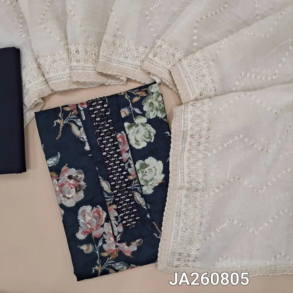 Floral printed dark Blue glazed cotton unstitched salwar material (lining optional) real mirror work on yoke, matching cotton bottom, thread, seuins work on mul cotton dupatta with lace tapings. JA260805