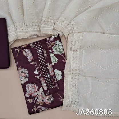 Floral printed wine Purple glazed cotton unstitched salwar material (lining optional) real mirror work on yoke, matching cotton bottom, thread, sequins work on mul cotton dupatta with lace tapings. JA260803