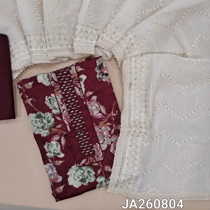 Floral printed dark Maroon glazed cotton unstitched salwar material (lining optional) real mirror work on yoke, matching cotton bottom, thread, sequins work on mul cotton dupatta with lace tapings. JA260804