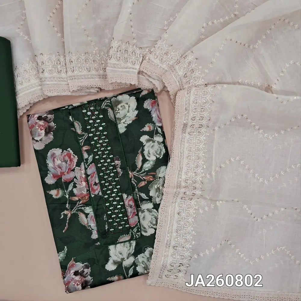 Floral printed dark Green glazed cotton unstitched salwar material (lining optional) real mirror work on yoke, matching cotton bottom, thread, sequins work on mul cotton dupatta witl lace tapings. JA260802