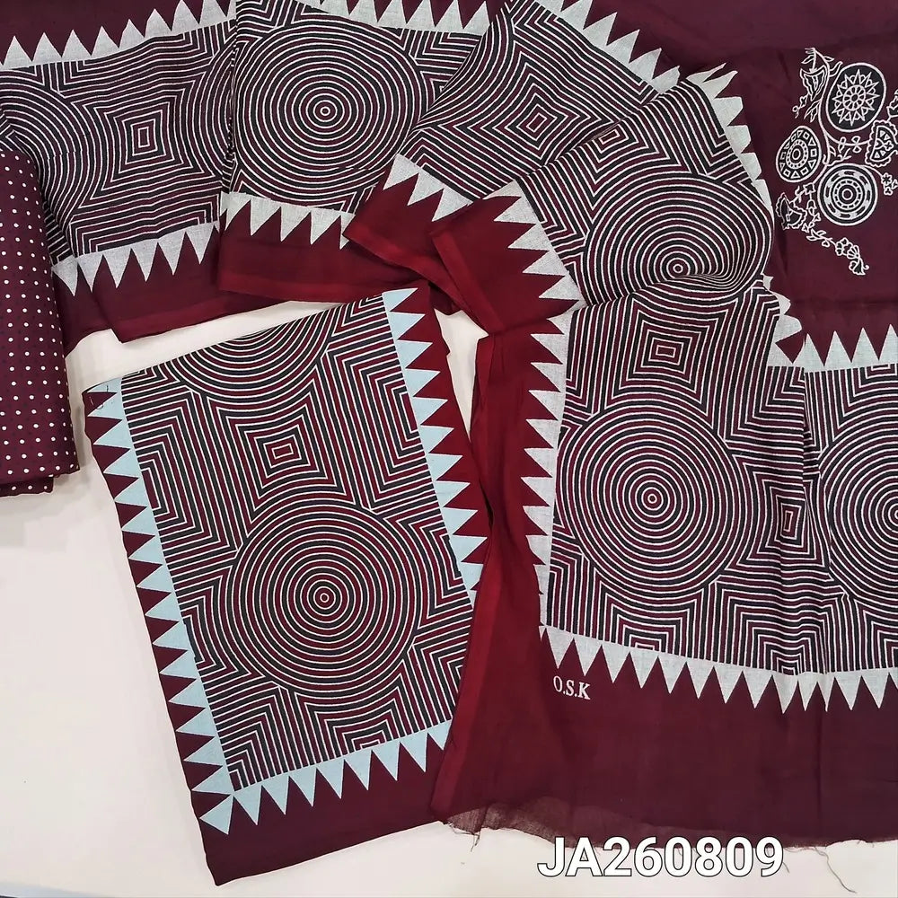 Printed dark Maroon soft rayon unstitched salwar material (lining needed) printed allover, printed rayon bottom, printed rayon dupatta(TAPING NEEDED). JA260809
