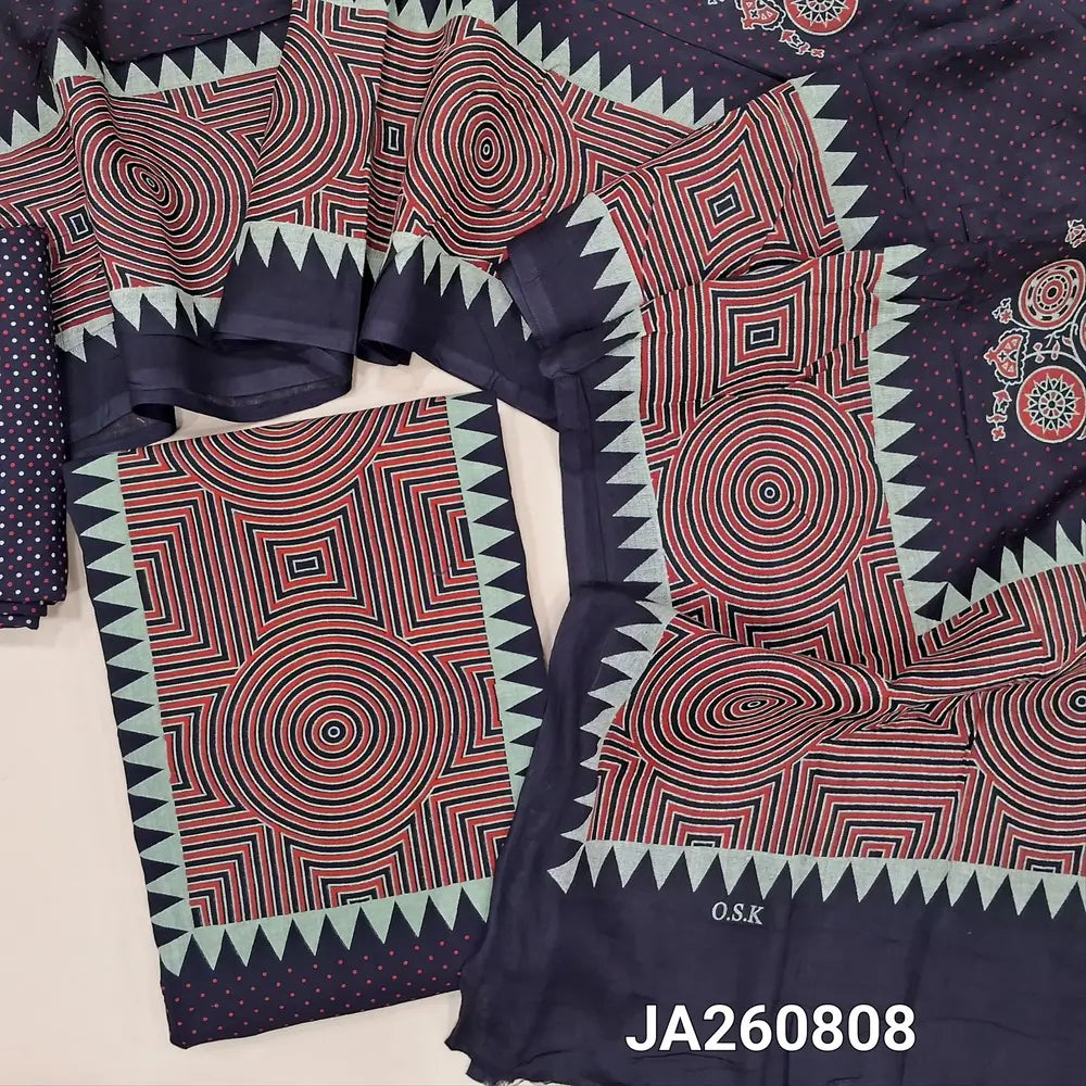 Printed dark Blue  soft rayon unstitched salwar material (lining needed) printed allover, printed rayon bottom, printed rayon dupatta(TAPING NEEDED). JA260808