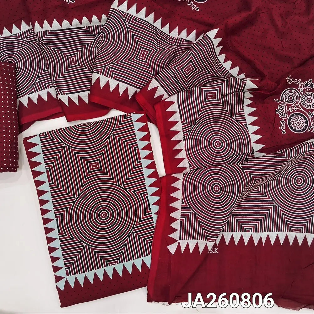 Printed Reddish Maroon soft rayon unstitched salwar material (lining option  al) printed allover, printed rayon bottom, printed rayon dupatta(TAPING NEEDED). JA260806