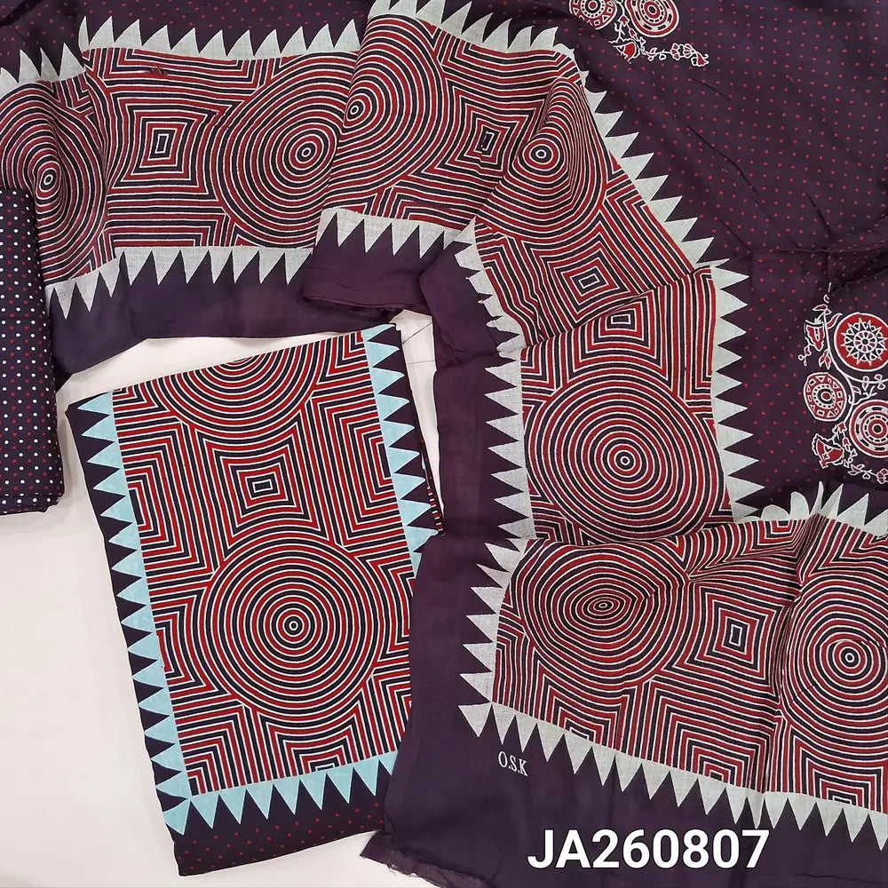 Printed deep wine Purple soft rayon unstitched salwar material (lining optional) printed allover, printed rayon bottom, printed rayon dupatta(TAPING NEEDED). JA260807