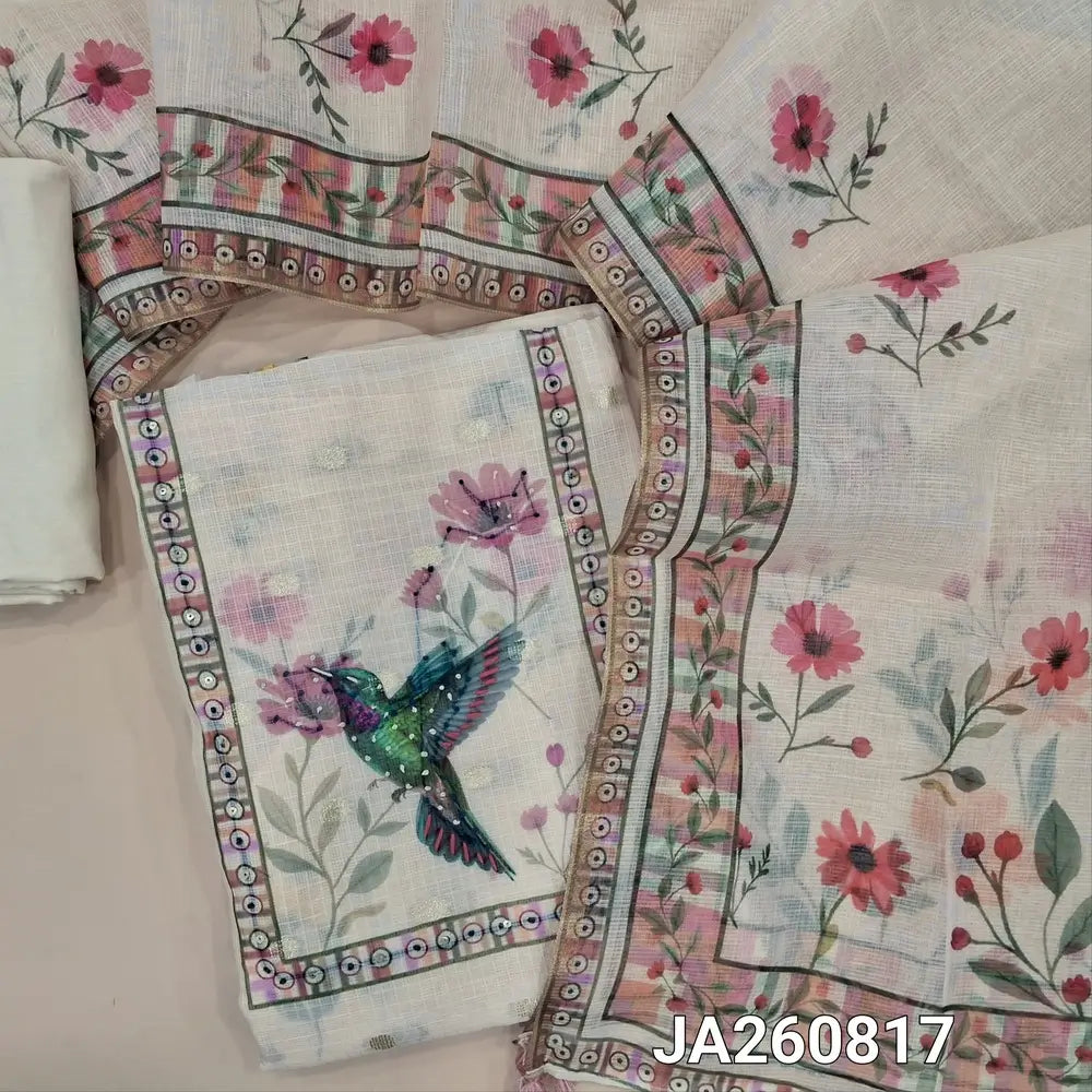 Digital printed half White Premium kota silk cotton unstitched salwar material (thin, lining needed) bird print, embroidery, sequins work on front., matching spun cotton bottom, digital printed premium kota silk cotton dupatta with tassels. JA260817