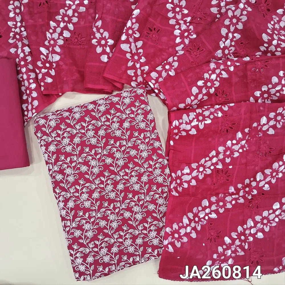 Designer dark Pink pure cotton unstitched salwar material (lining needed) heavy embroidered  on front, plain back, matching drum dyed cotton provided for lining or bottom, batik design & cut work on pure mul cotton full length dupatta. JA260814