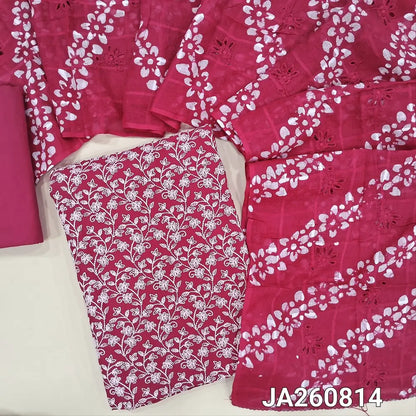 Designer dark Pink pure cotton unstitched salwar material (lining needed) heavy embroidered  on front, plain back, matching drum dyed cotton provided for lining or bottom, batik design & cut work on pure mul cotton full length dupatta. JA260814