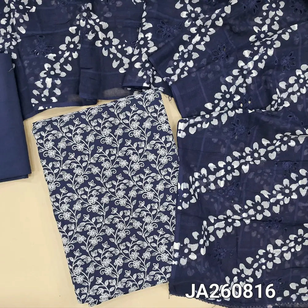 Designer dark Blue pure cotton unstitched salwar material (lining needed) heavy embroidered  on front, plain back, matching drum dyed cotton provided for lining or bottom, batik design & cut work on pure mul cotton full length dupatta. JA260816