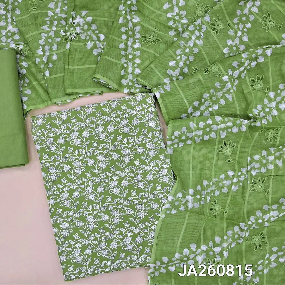 Designer light Green pure cotton unstitched salwar material (lining needed) heavy embroidered  on front, plain back, matching drum dyed cotton provided for lining or bottom, batik design & cut work on pure mul cotton full length dupatta. JA260815