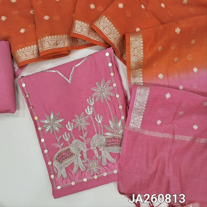 Designer Pink premium silk cotton unstitched salwar material (lining needed) bead, zardozi, sequins work on yoke, matching silk cotton bottom, dual shade zari buttas on silk cotton dupatta with borders (TAPING NEEDED). JA260813