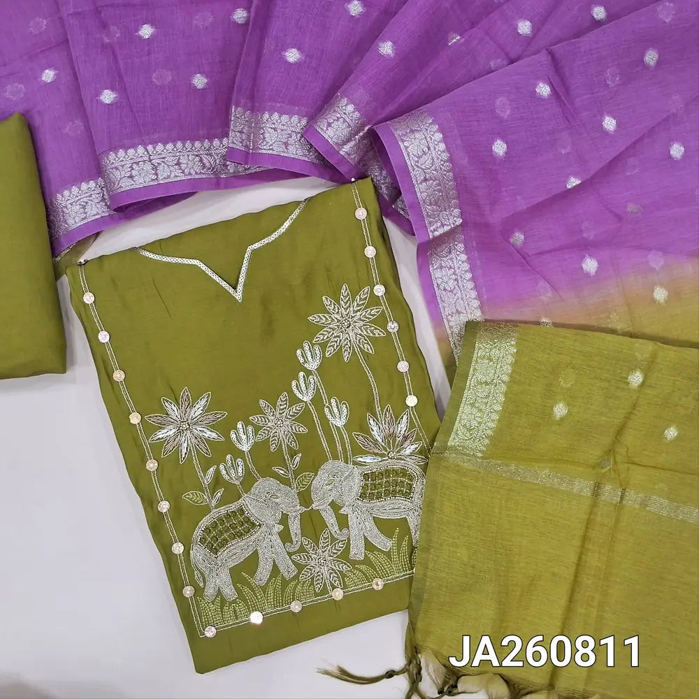 Designer mossy Green premium silk cotton unstitched salwar material (lining needed) bead, zardozi, sequins work on yoke, matching silk cotton bottom, dual shade zari buttas on silk cotton dupatta with borders (TAPING NEEDED). JA260811